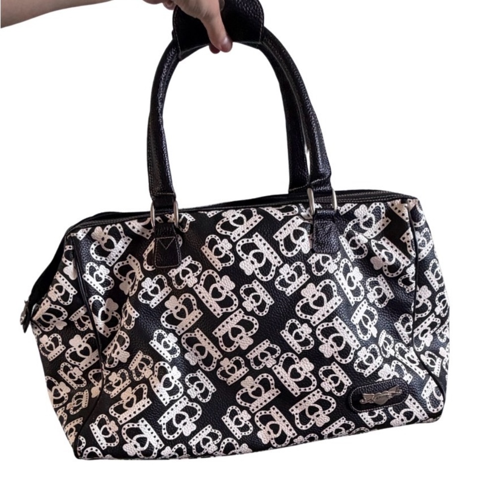 Kathy Van Zeeland Black White Heart Print Duffle Handbag Y2K